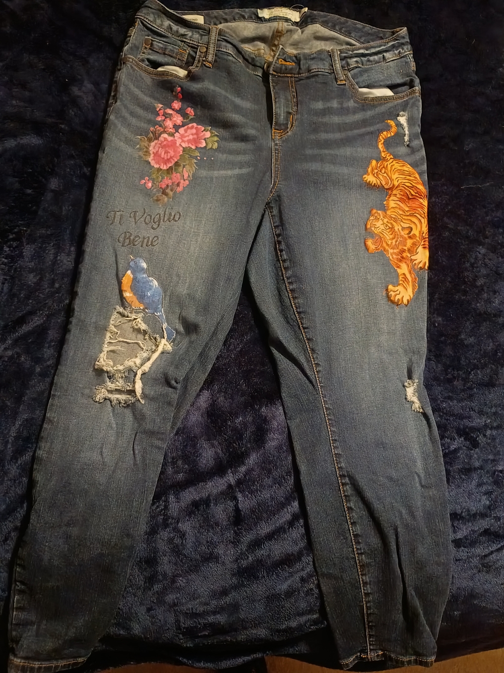 Women’s Embroidered Blue Denim Jeans with Floral & Tiger Accents